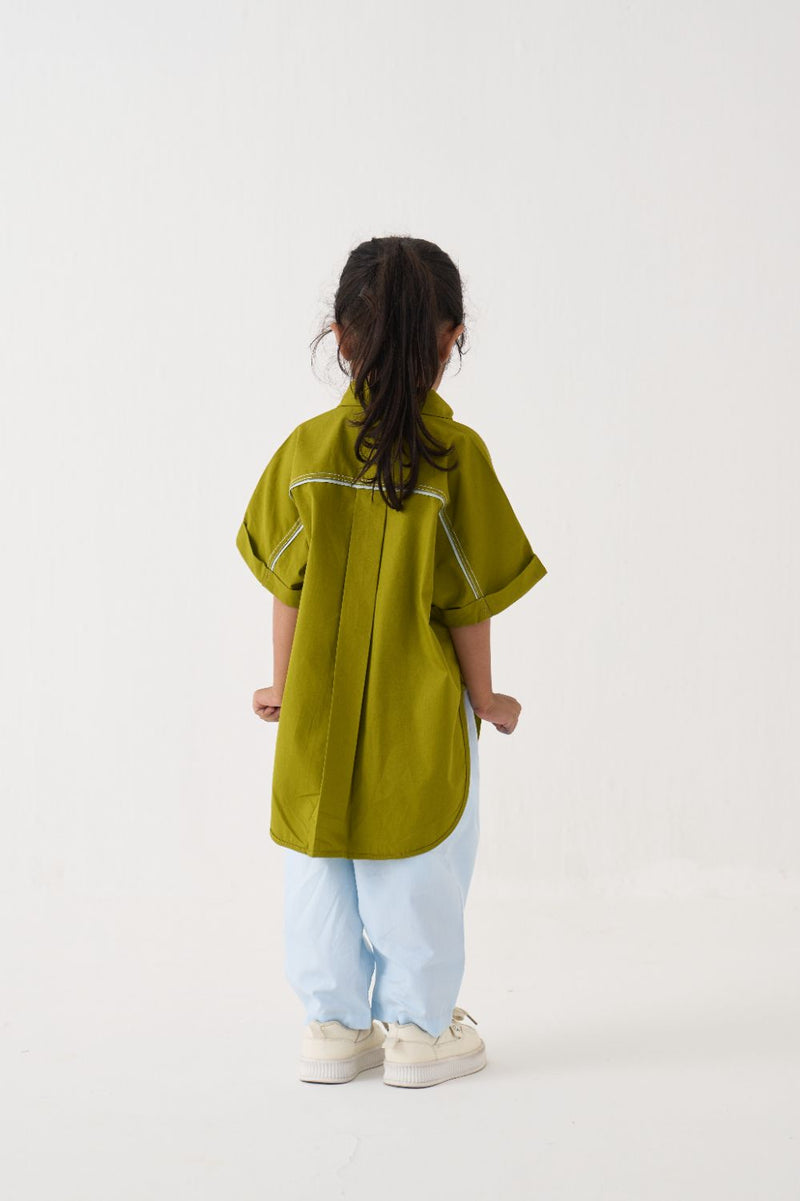 Girl - Floral Emb. U Hem Shirt Co-Ord - Lime
