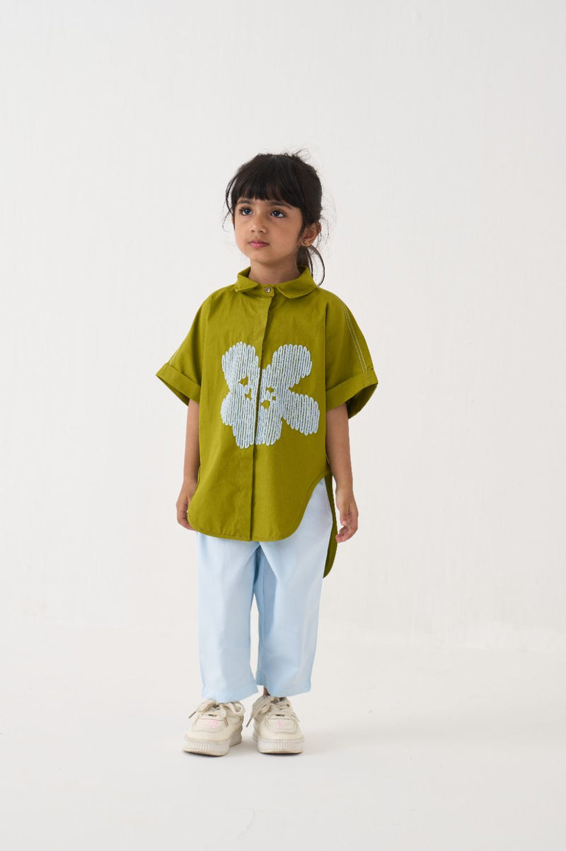Girl - Floral Emb. U Hem Shirt Co-Ord - Lime