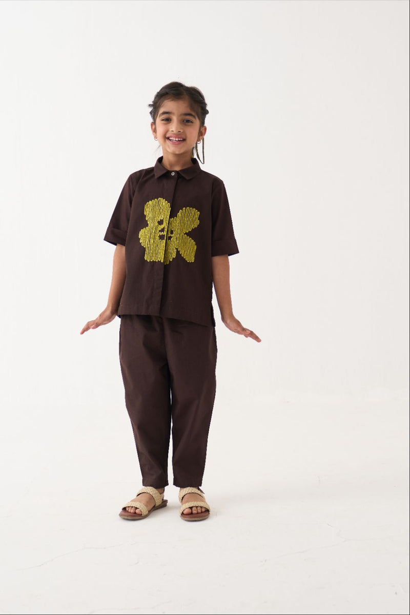 Girl - Emb. Floral Shirt Co-Ord (Set Of 2) - Dark Brown