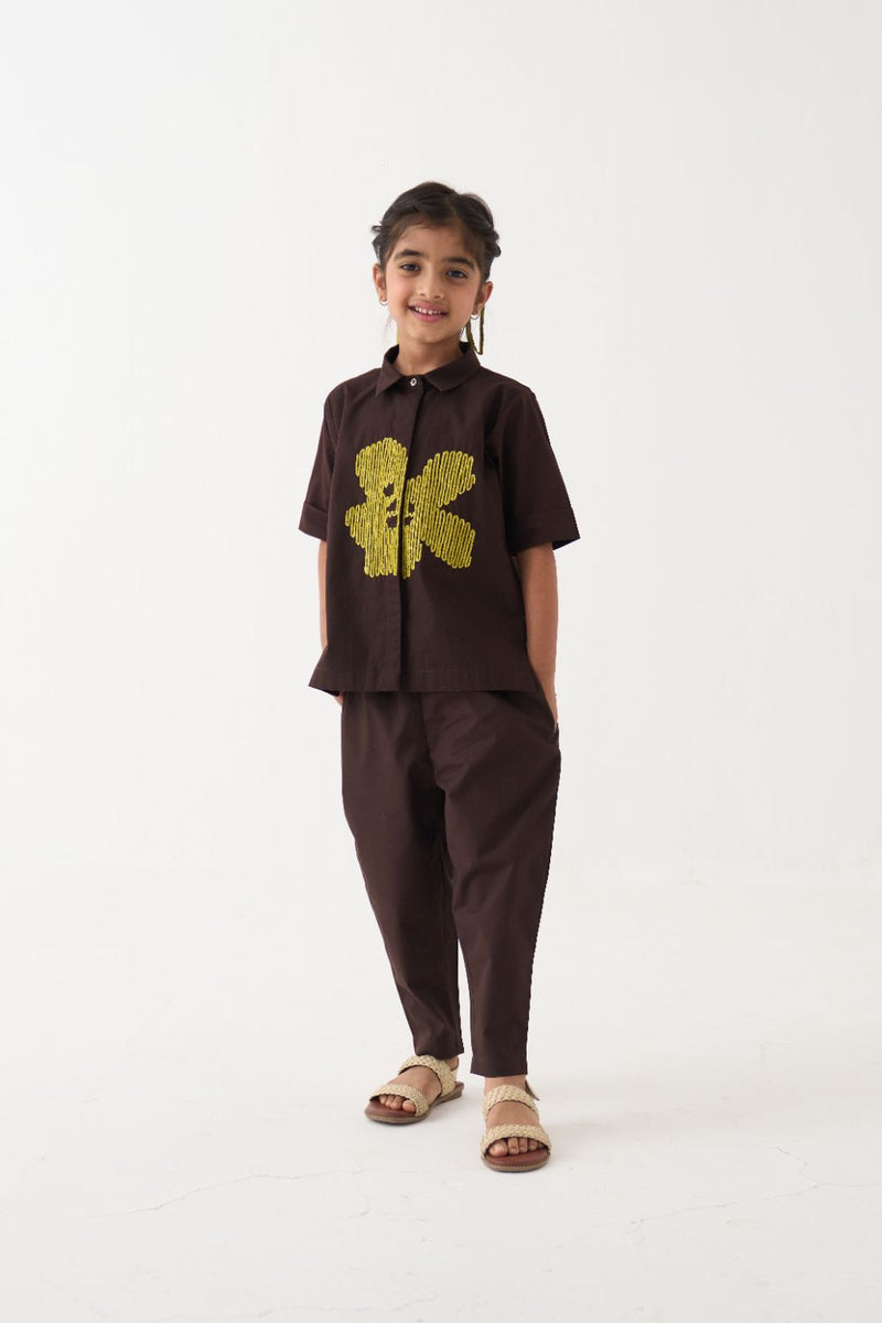 Girl - Emb. Floral Shirt Co-Ord (Set Of 2) - Dark Brown