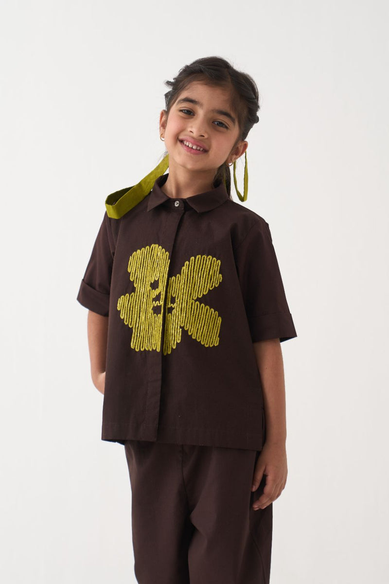 Girl - Emb. Floral Shirt Co-Ord (Set Of 2) - Dark Brown