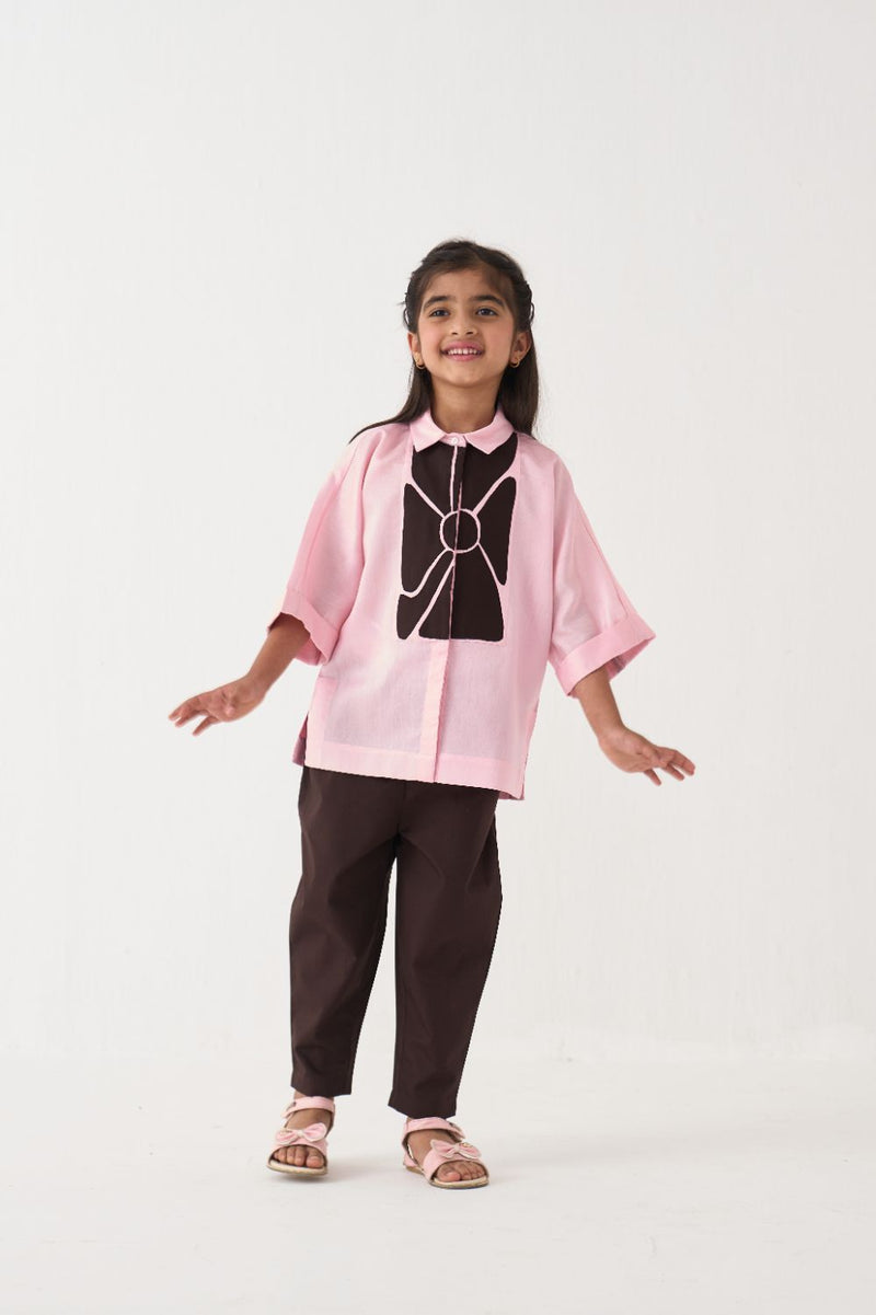 Girl - Floral Applique Shirt Co-Ord (Set Of 2) - Pink
