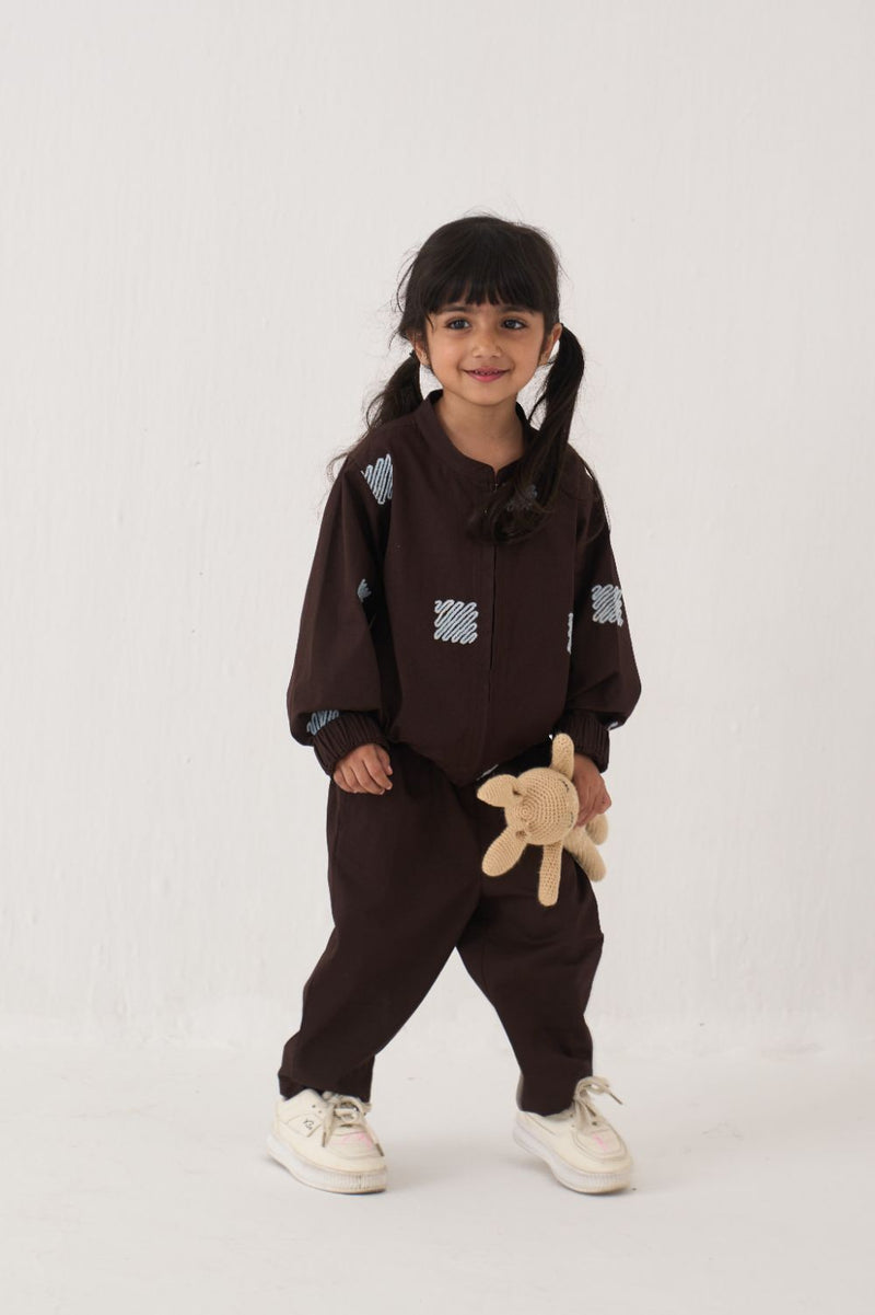 Girl - Emb. Bomber Jacket Co-Ord (Set Of 2) - Dark Brown