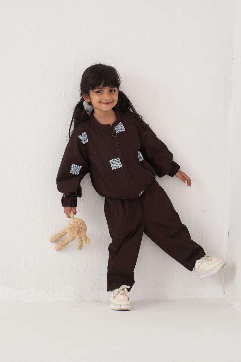 Girl - Emb. Bomber Jacket Co-Ord (Set Of 2) - Dark Brown
