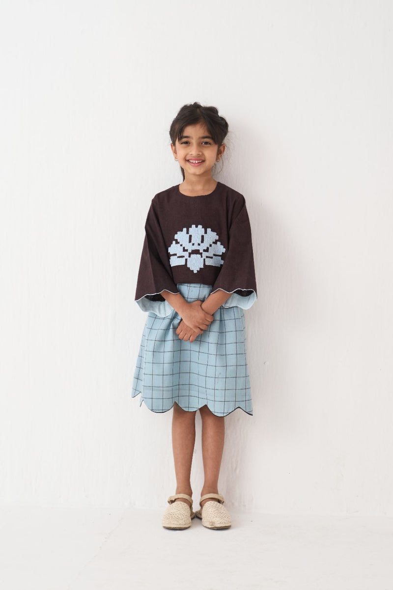 Girl - Wave Emb. Top Co-Ord (Set Of 2) - Dark Brown