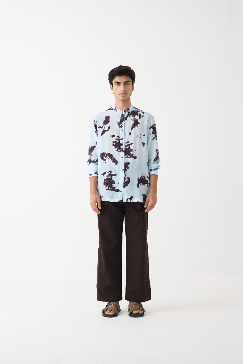Band Collar Printed Shirt  - Blue