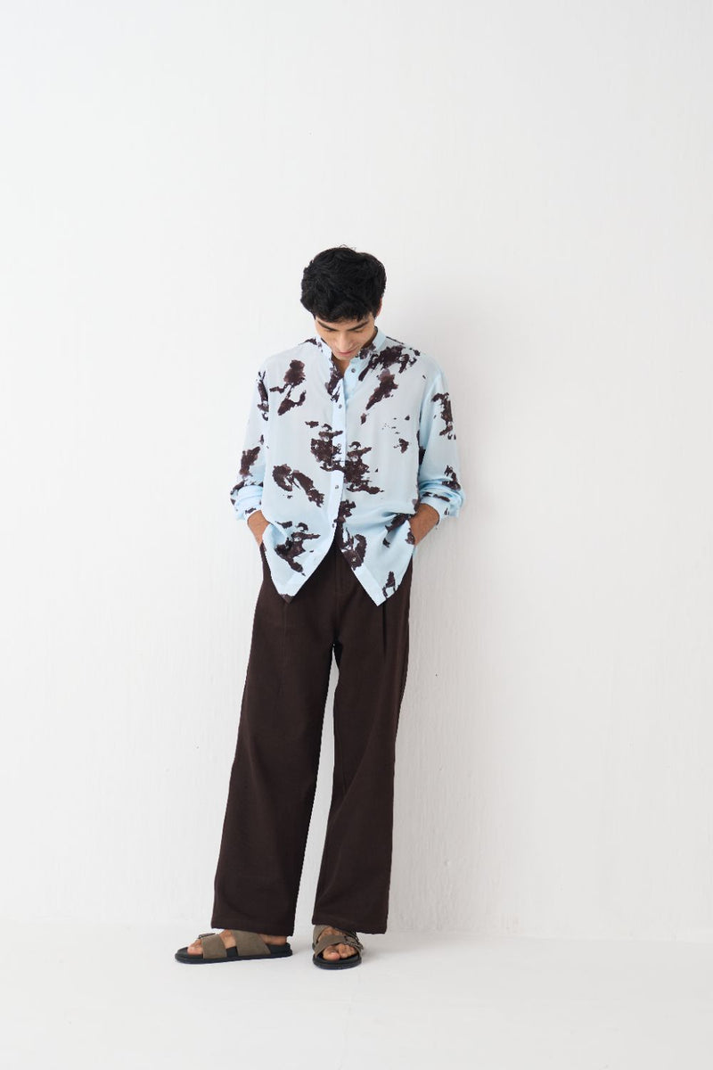 Band Collar Printed Shirt  - Blue
