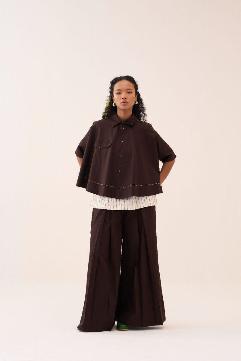 Wide Hem Shirt poplin by THREE in brown color for women Worldwide