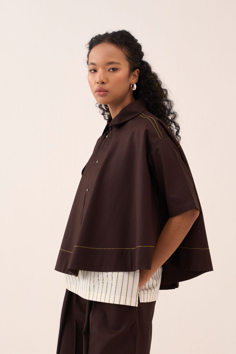 Wide Hem Shirt poplin by THREE in brown color for women Worldwide