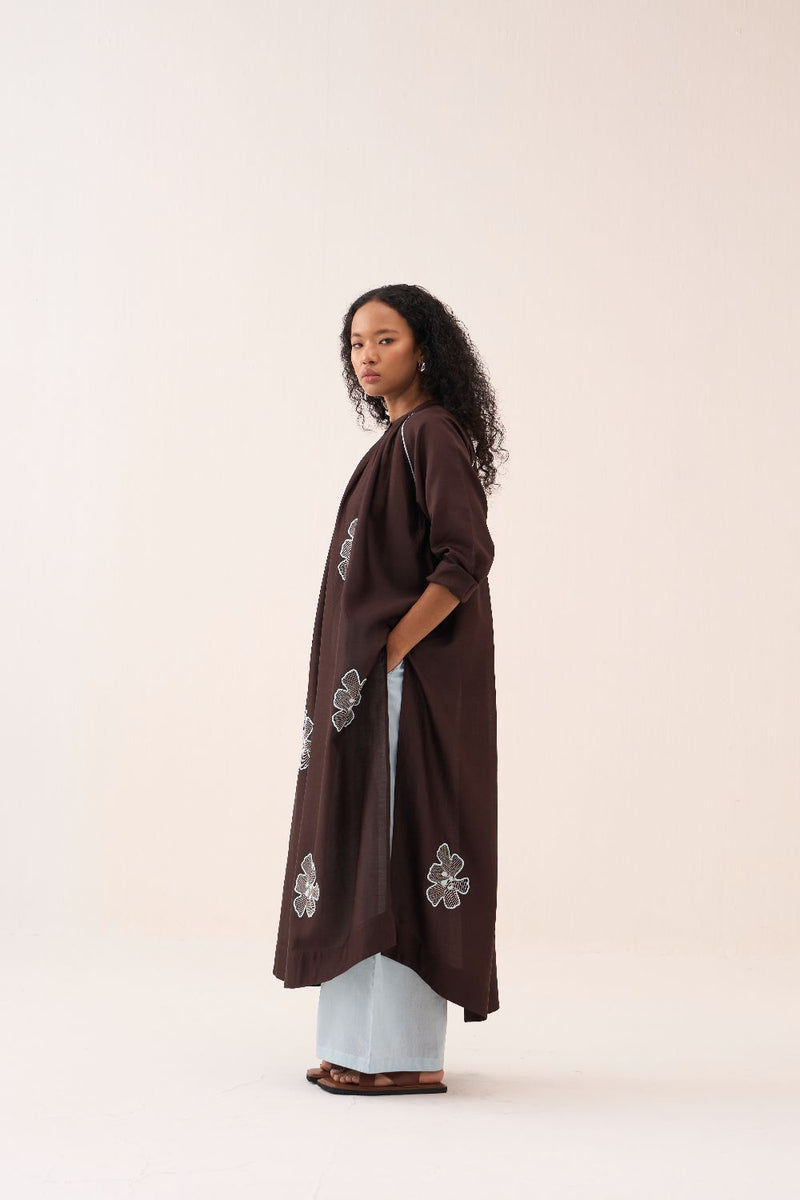Floral Emb. Gather Neck Shirt Co-Ord (Set Of 3) chanderi by THREE in brown color for women Worldwide