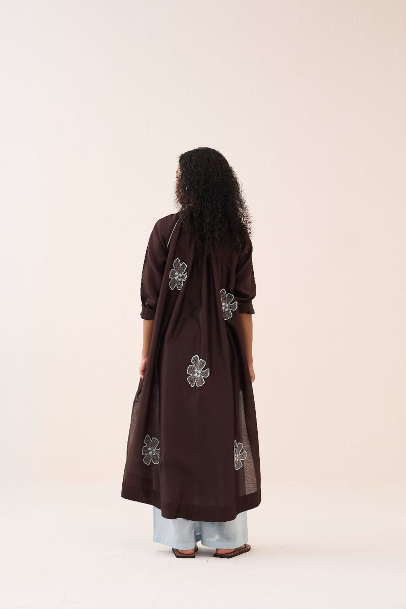 Floral Emb. Gather Neck Shirt Co-Ord (Set Of 3) chanderi by THREE in brown color for women Worldwide