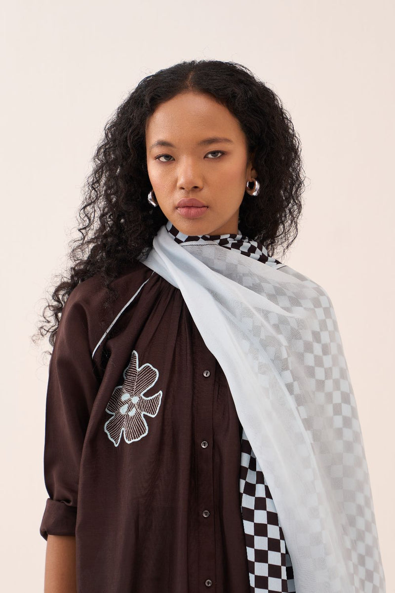 Floral Emb. Gather Neck Shirt Co-Ord (Set Of 3) chanderi by THREE in brown color for women Worldwide