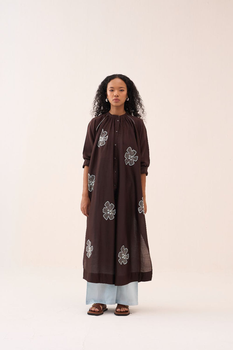 Floral Emb. Gather Neck Shirt Co-Ord (Set Of 3) chanderi by THREE in brown color for women Worldwide
