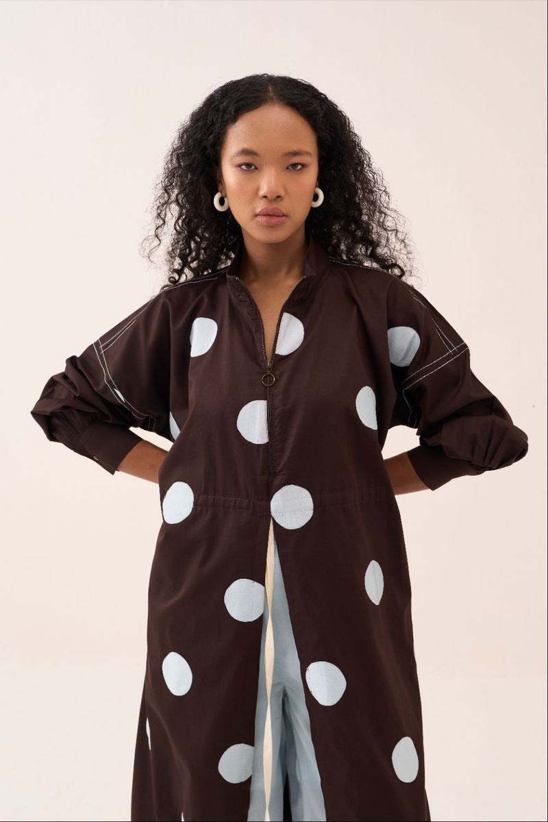 Polka Drawstring Tunic poplin by THREE in brown color for women Worldwide