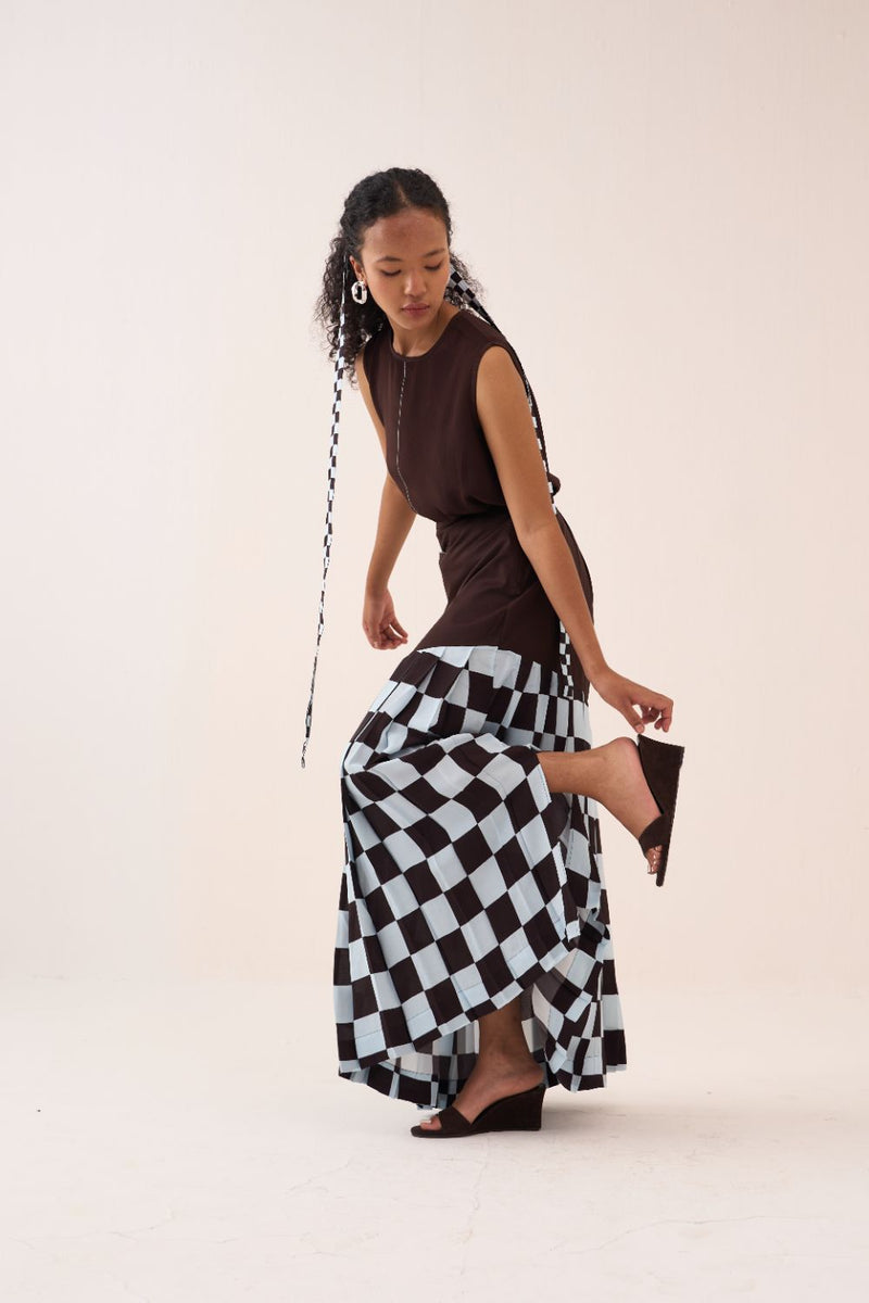 Checkered Skirt poplin by THREE in brown color for women Worldwide