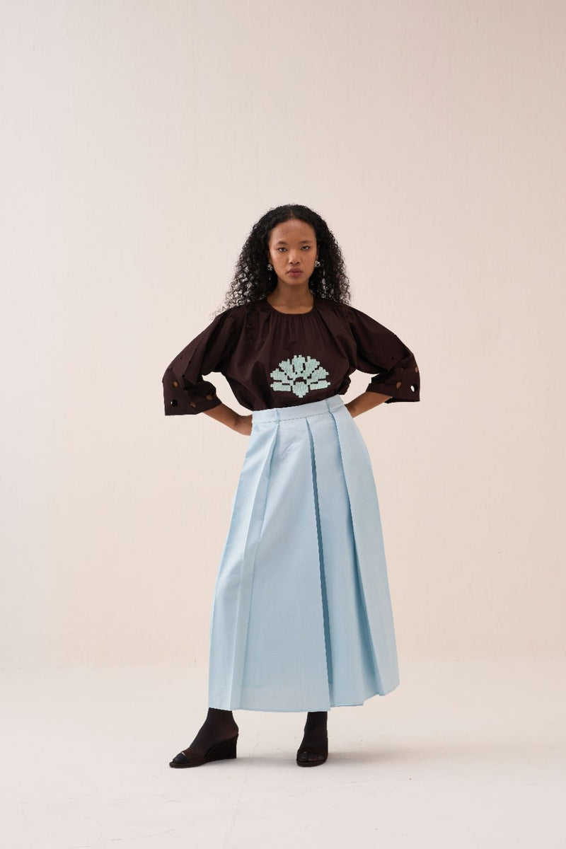 Gathered Emb. Top poplin by THREE in brown color for women Worldwide