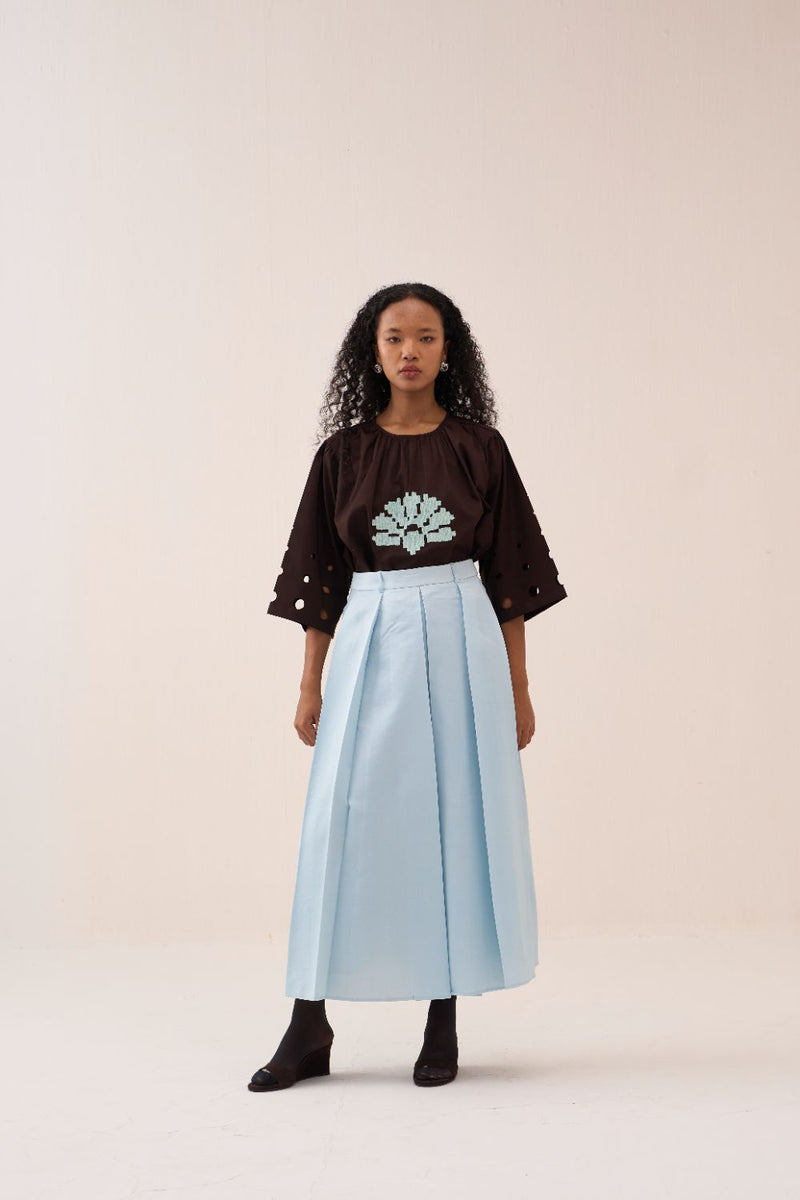 Pleated Skirt chanderi by THREE in blue color for women Worldwide
