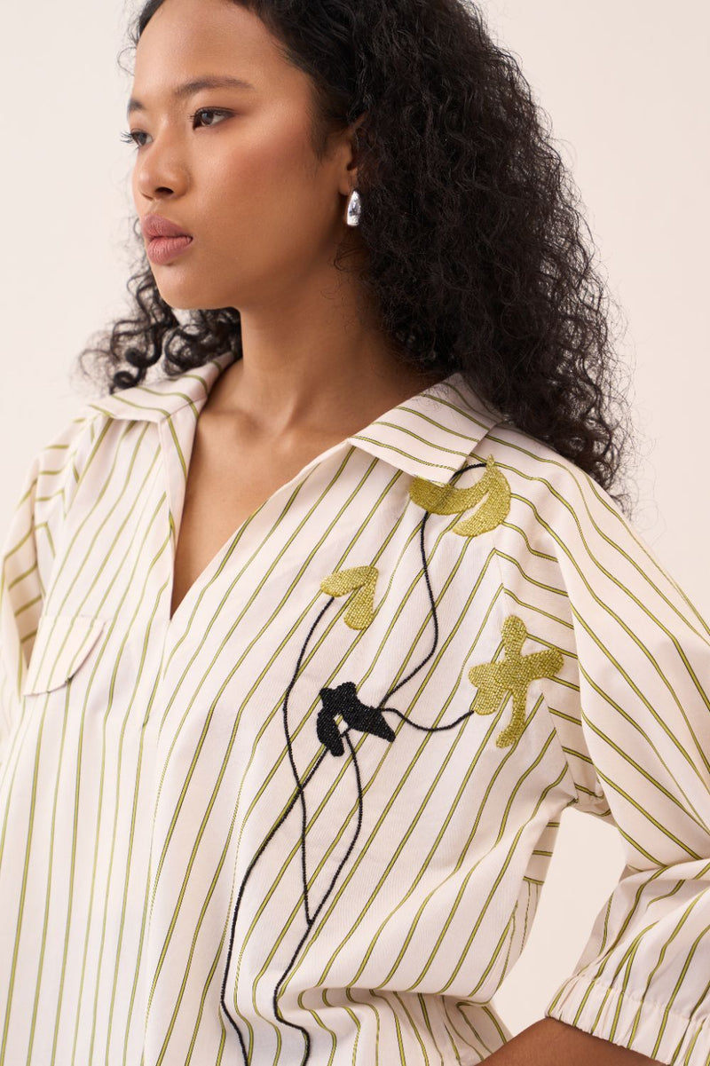 Beaded V-Neck Top poplin by THREE in beige color for women Worldwide