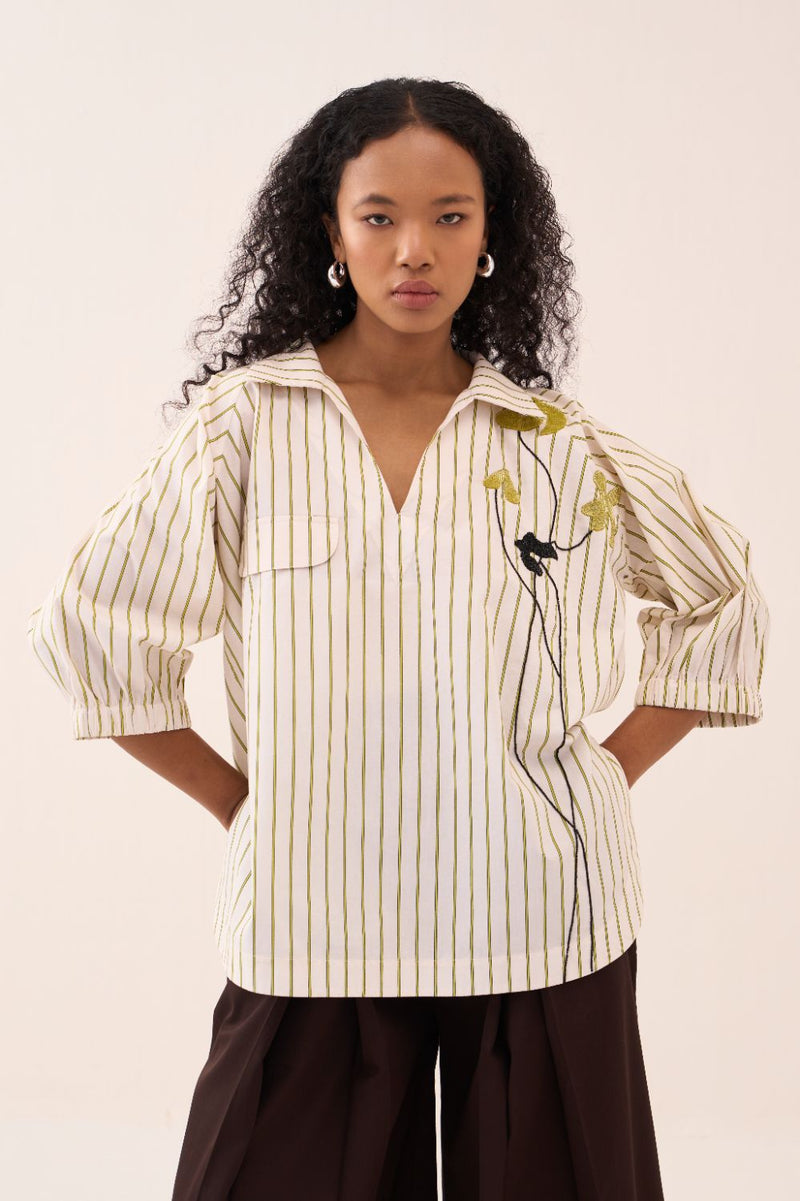 Beaded V-Neck Top poplin by THREE in beige color for women Worldwide