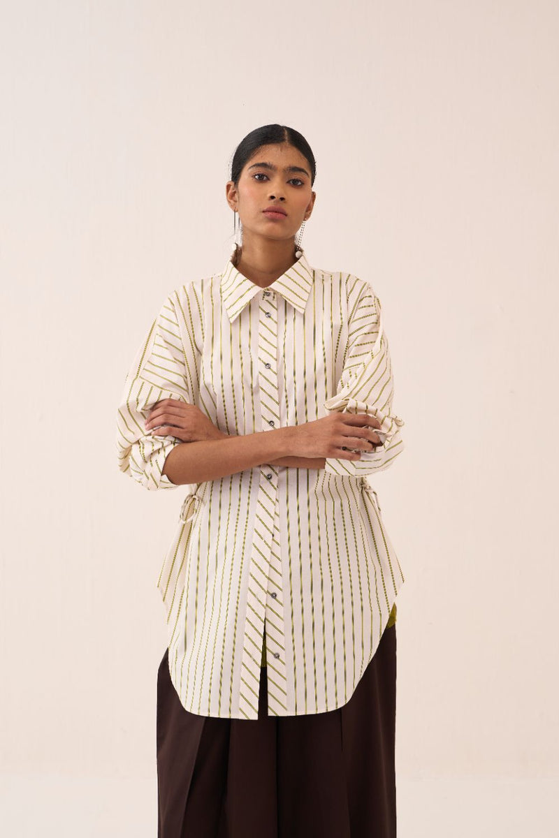 Side Drawstring Stripe Shirt poplin by THREE in beige color for women Worldwide