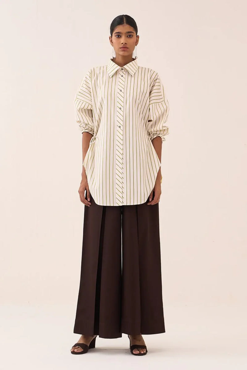 Side Drawstring Stripe Shirt poplin by THREE in beige color for women Worldwide