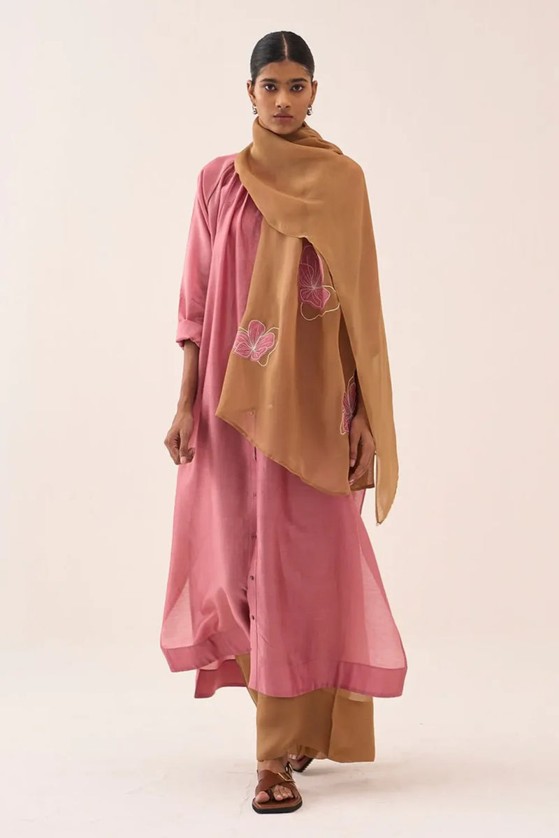 Gather Neck Shirt Co-Ord (Set Of 3) chanderi by THREE in sand color for women Worldwide