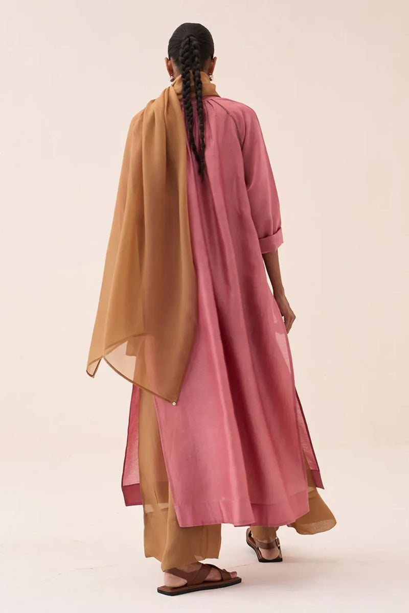 Gather Neck Shirt Co-Ord (Set Of 3) chanderi by THREE in sand color for women Worldwide