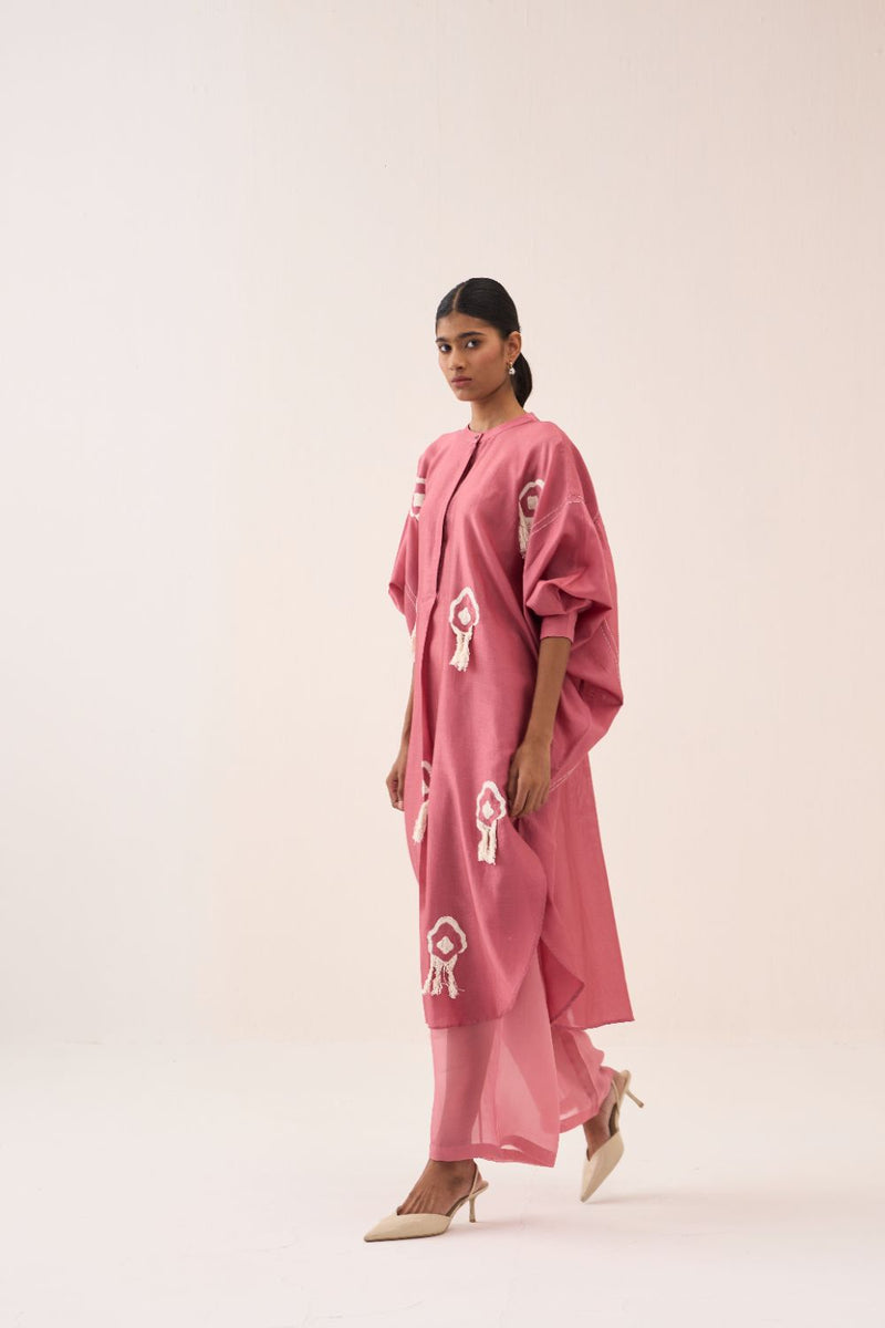 Fringe Bat Sleeve Shirt Co-Ord - Coral (Set Of 2) chanderi by THREE for women Worldwide