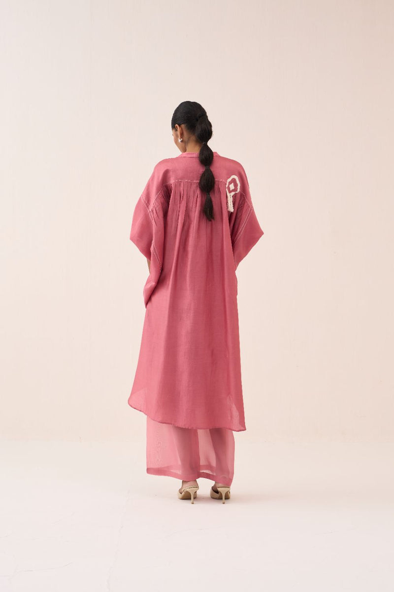 Fringe Bat Sleeve Shirt Co-Ord - Coral (Set Of 2) chanderi by THREE for women Worldwide