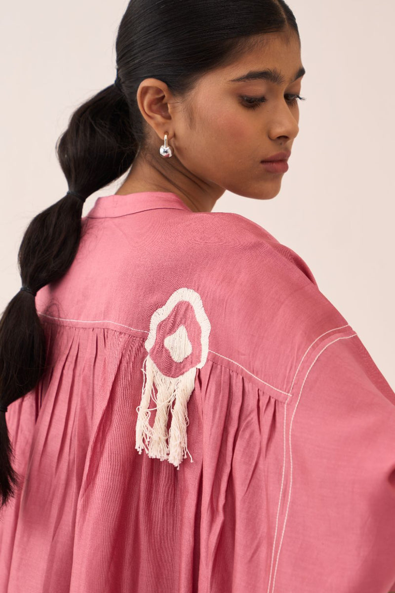 Fringe Bat Sleeve Shirt Co-Ord - Coral (Set Of 2) chanderi by THREE for women Worldwide