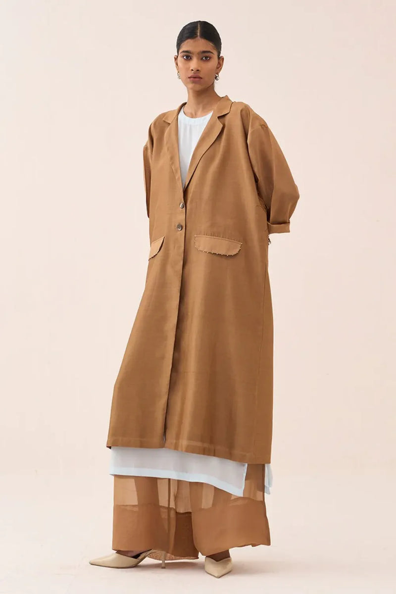Back Tie Overlay Jacket chanderi by THREE in sand color for women Worldwide