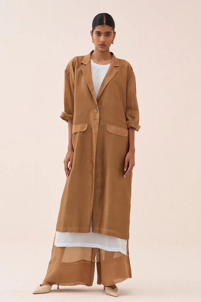 Back Tie Overlay Jacket chanderi by THREE in sand color for women Worldwide