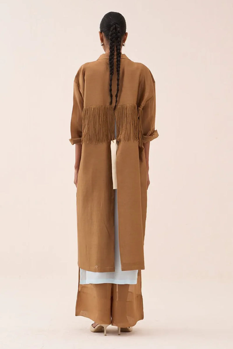Back Tie Overlay Jacket chanderi by THREE in sand color for women Worldwide