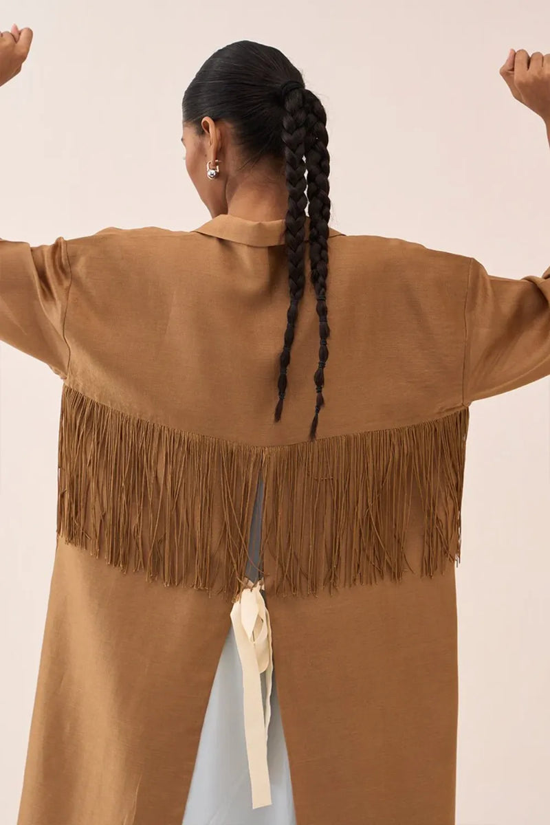 Back Tie Overlay Jacket chanderi by THREE in sand color for women Worldwide