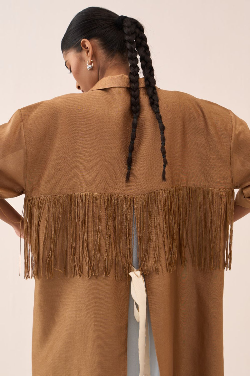 Back Tie Overlay Jacket chanderi by THREE in sand color for women Worldwide