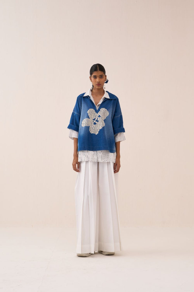 Floral Emb. V Neck Top by THREE in blue color for women Worldwide