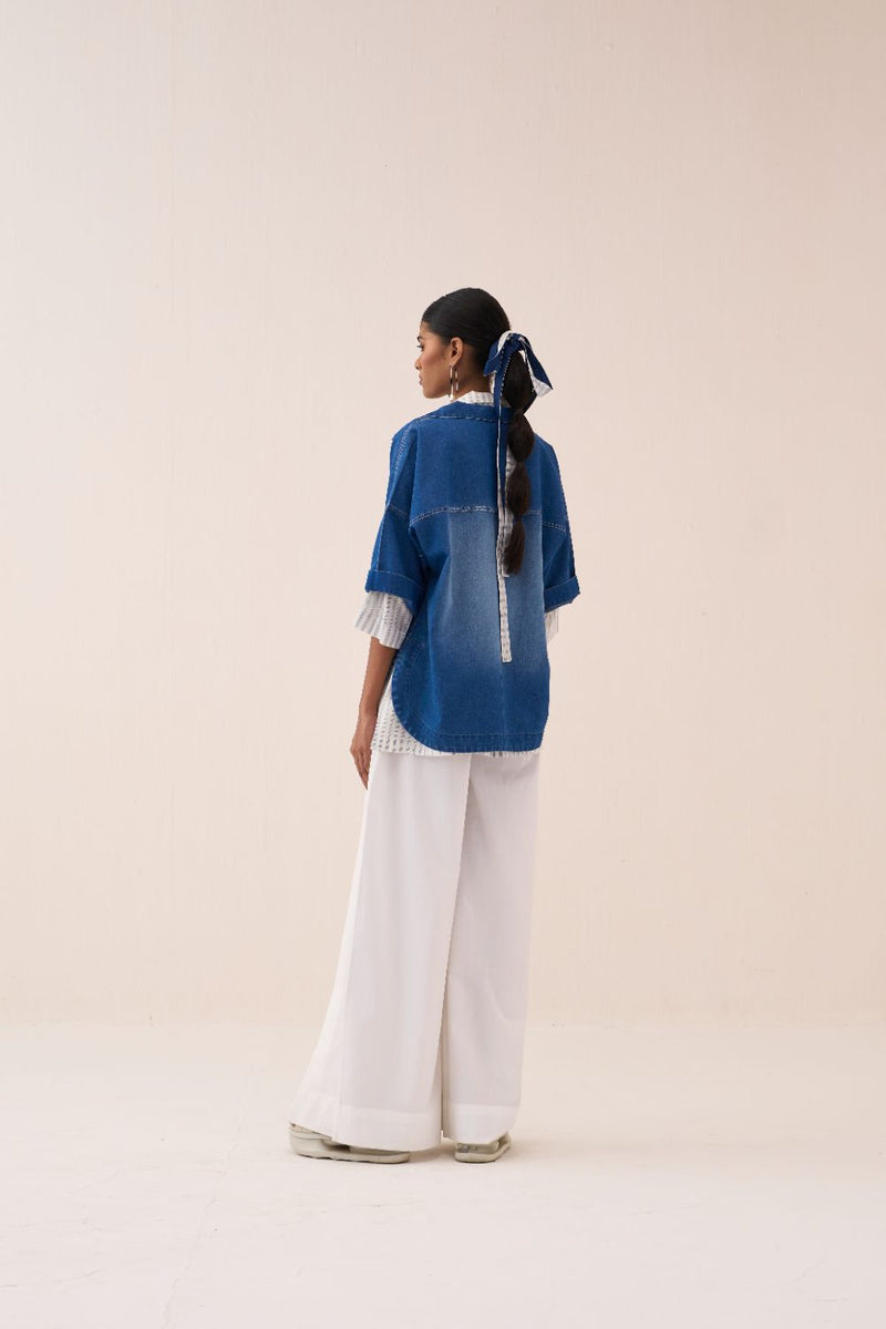 Floral Emb. V Neck Top by THREE in blue color for women Worldwide