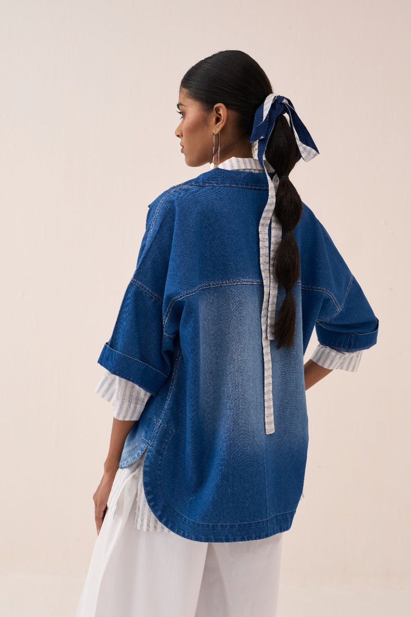 Floral Emb. V Neck Top by THREE in blue color for women Worldwide