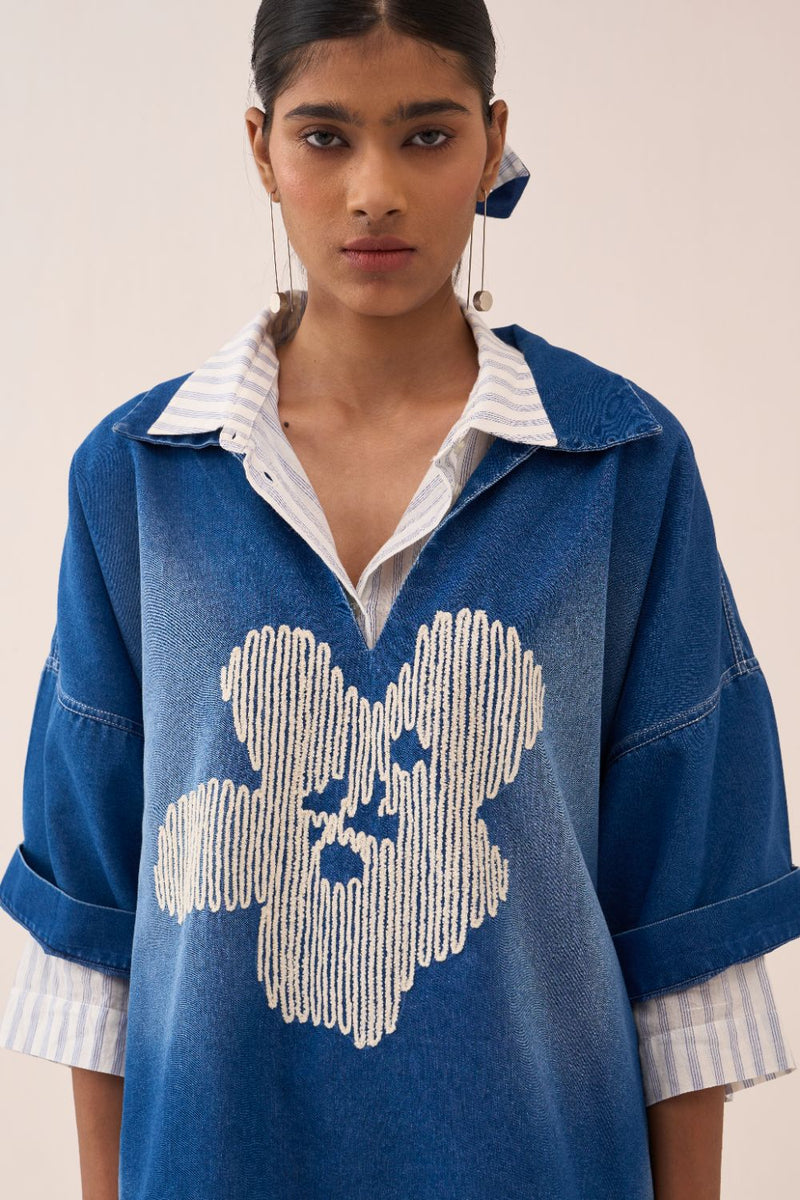 Floral Emb. V Neck Top by THREE in blue color for women Worldwide
