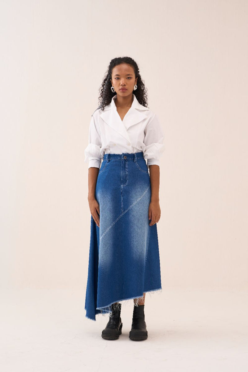Denim Paneled Skirt by THREE in blue color for women Worldwide