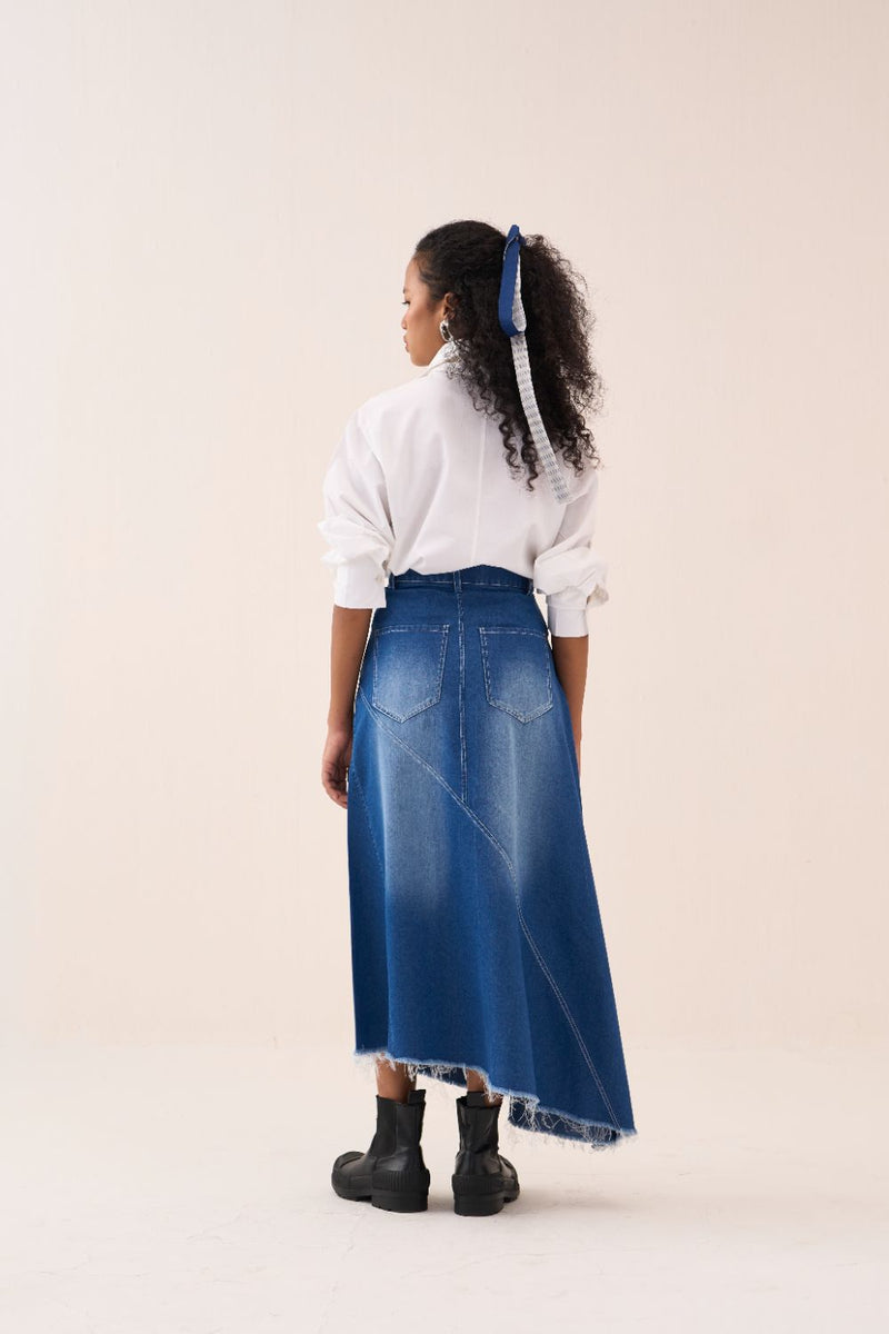 Denim Paneled Skirt by THREE in blue color for women Worldwide