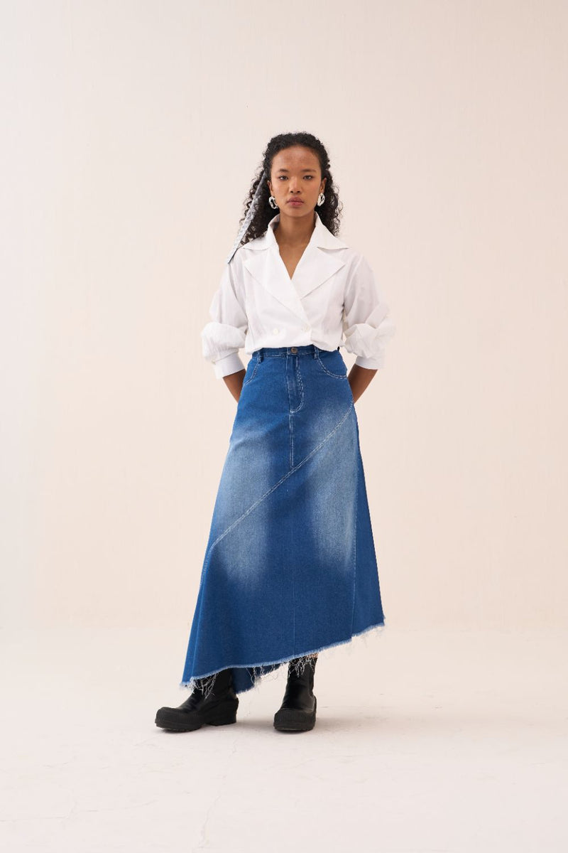Denim Paneled Skirt by THREE in blue color for women Worldwide