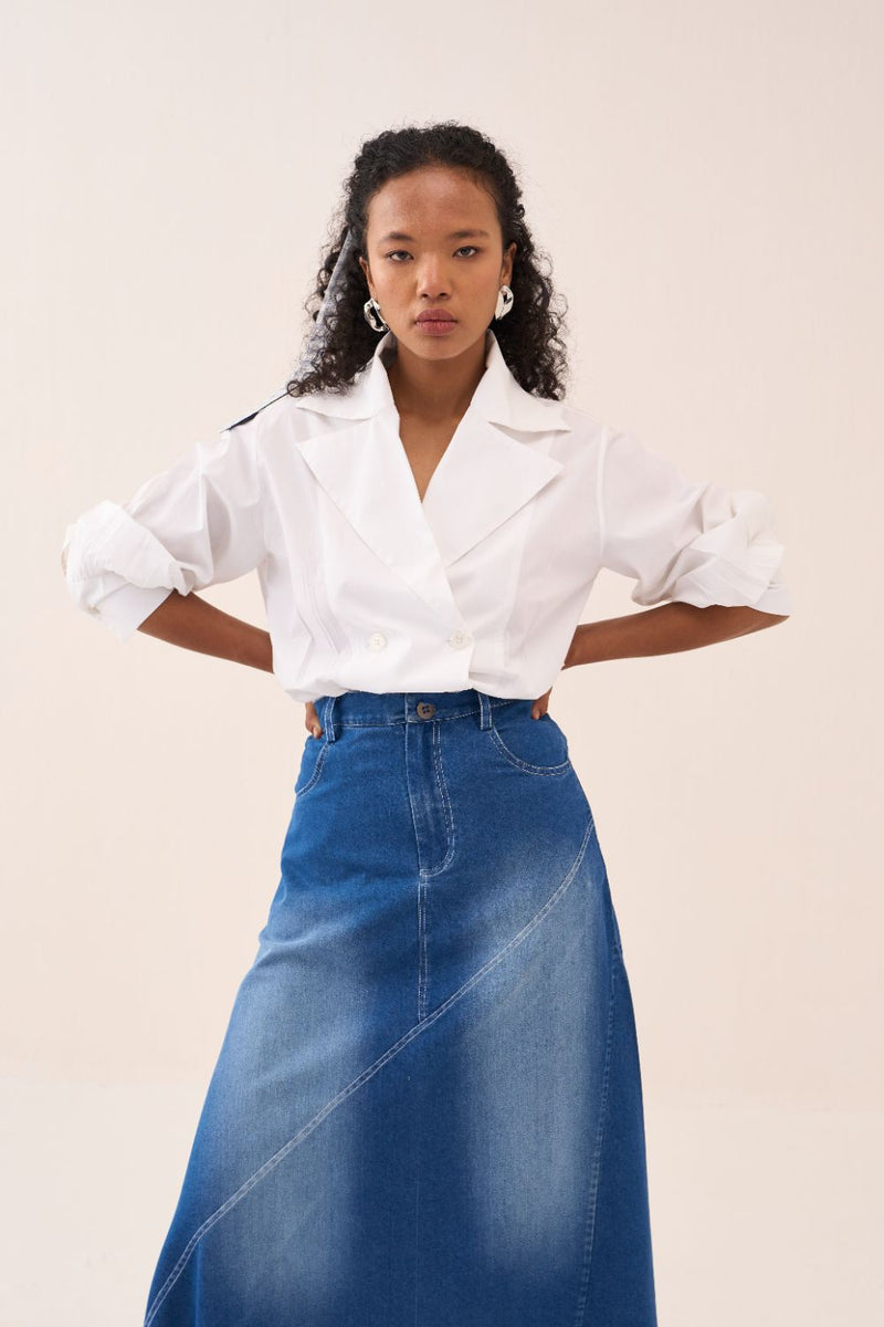 Denim Paneled Skirt by THREE in blue color for women Worldwide