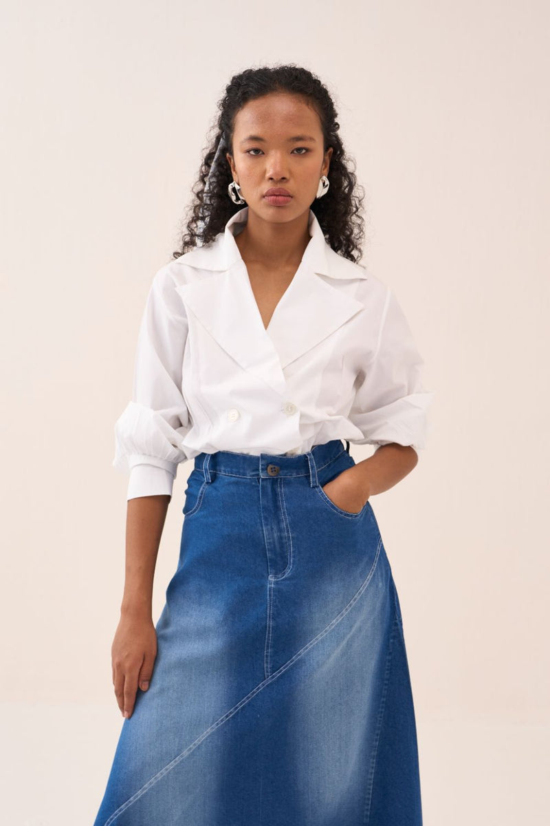 Denim Paneled Skirt by THREE in blue color for women Worldwide