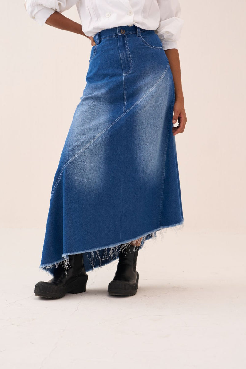 Denim Paneled Skirt by THREE in blue color for women Worldwide