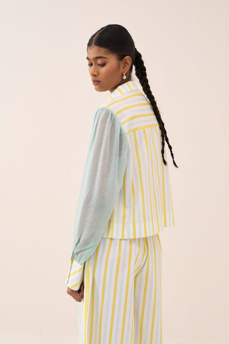 Stripe Anti-Fit Crop Shirt poplin by THREE in blue color for women Worldwide