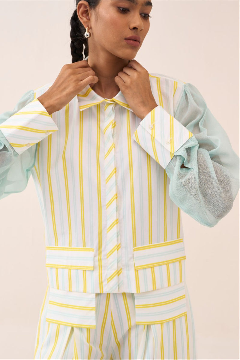 Stripe Anti-Fit Crop Shirt poplin by THREE in blue color for women Worldwide