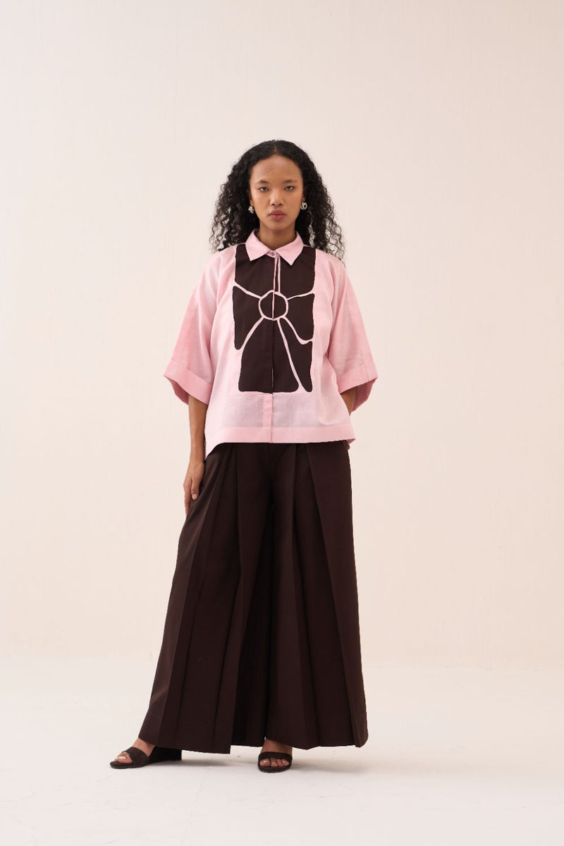Floral Applique Shirt chanderi by THREE in pink color for women Worldwide