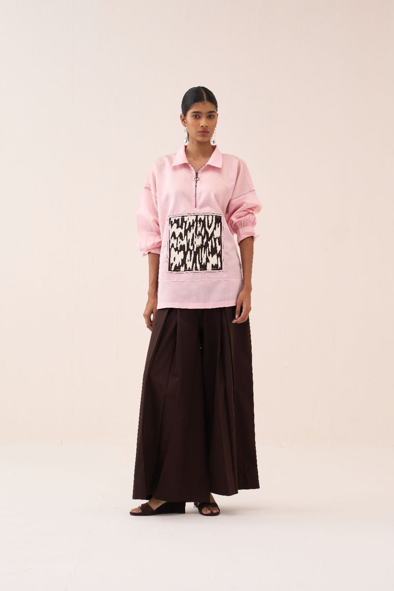 Patch U-Hem Top chanderi by THREE in pink color for women Worldwide