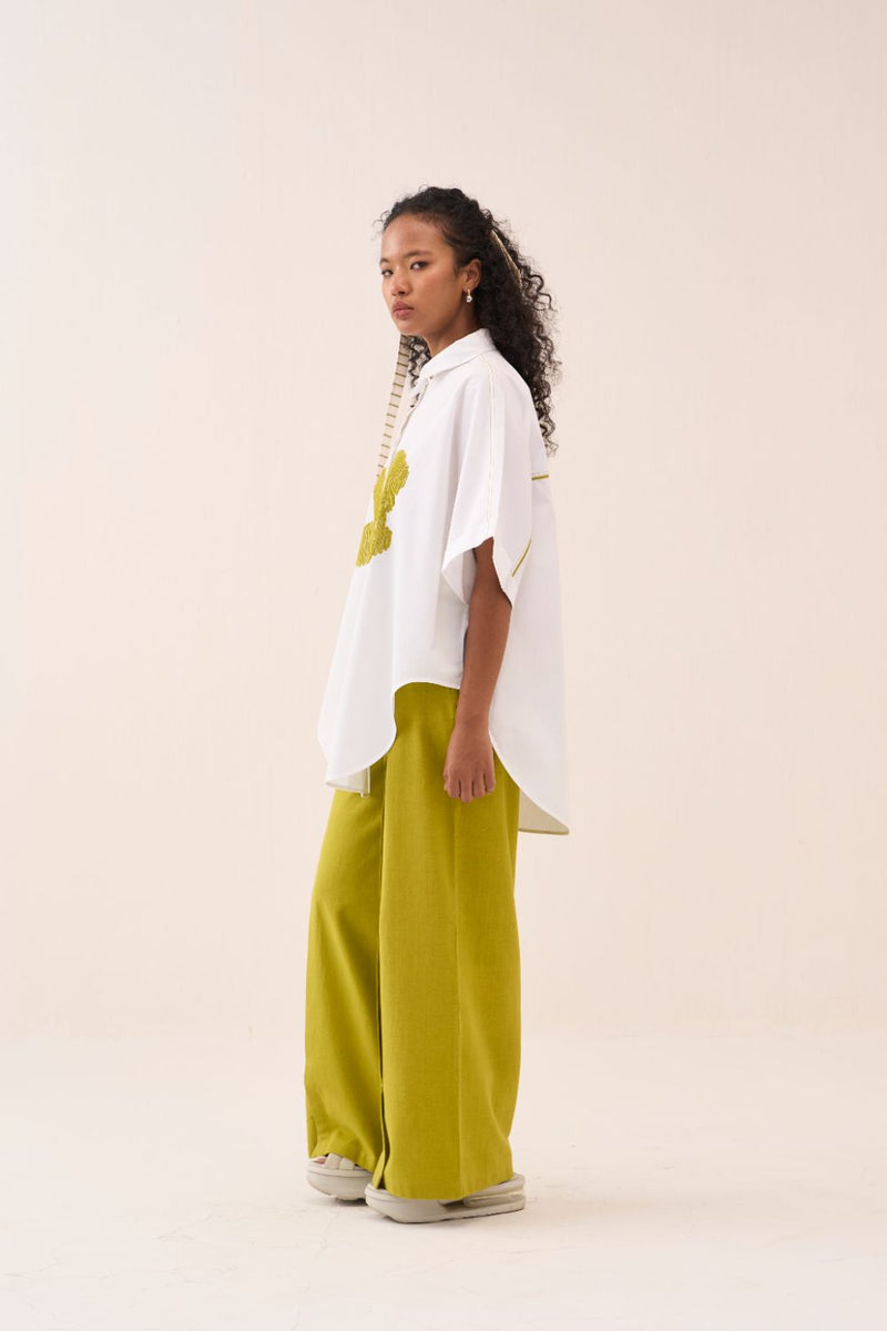 U-Hem Floral Emb. Shirt poplin by THREE in white color for women Worldwide